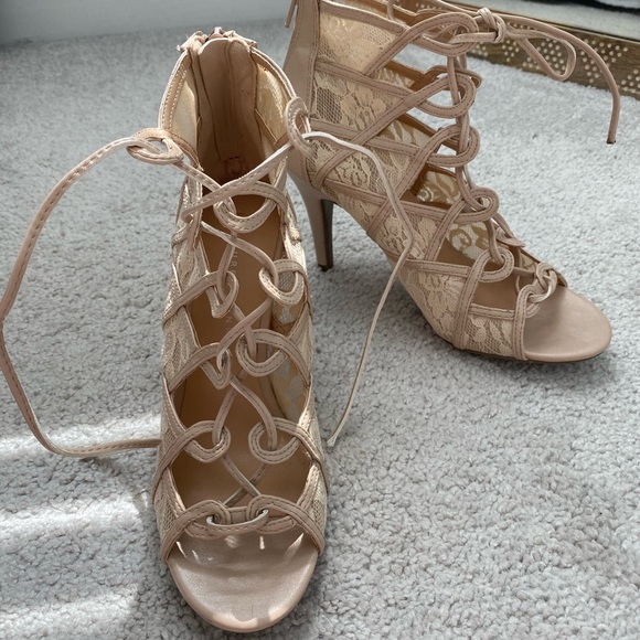Nude Lace Tie-Up Heels - Picture 6 of 6